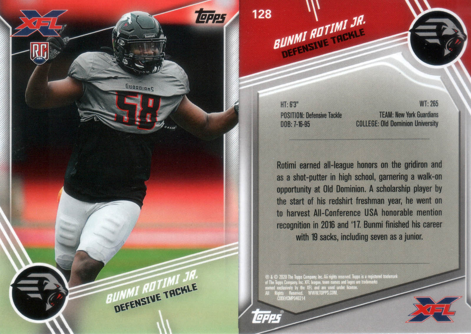 128 Bunmi Rotimi Jr. XFL-TOPPS-2020-0128 - UFLBoard.com