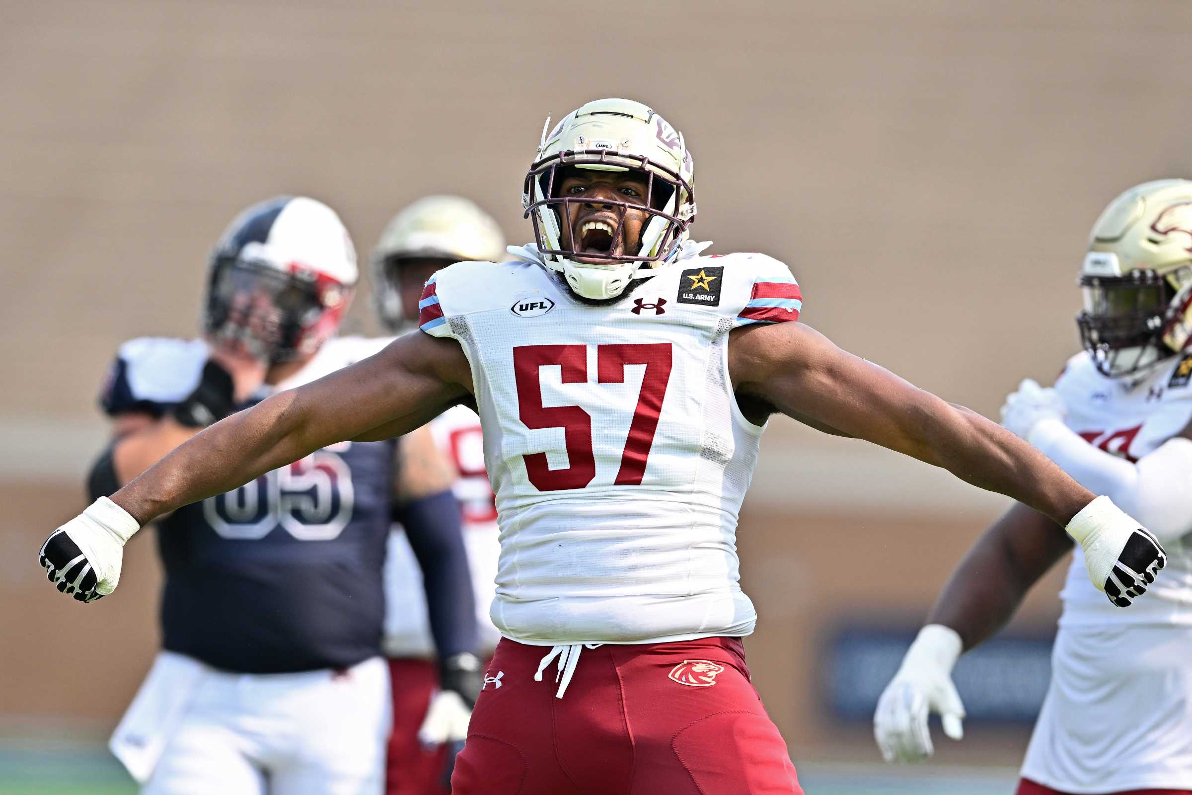 Breeland Speaks #57 of the Michigan Panthers celebrates a sack against the Houston Roughnecks in the game at Rice Stadium on May 26, 2024 in Houston, Texas. (Photo by Maria Lysaker/UFL/Getty Images)