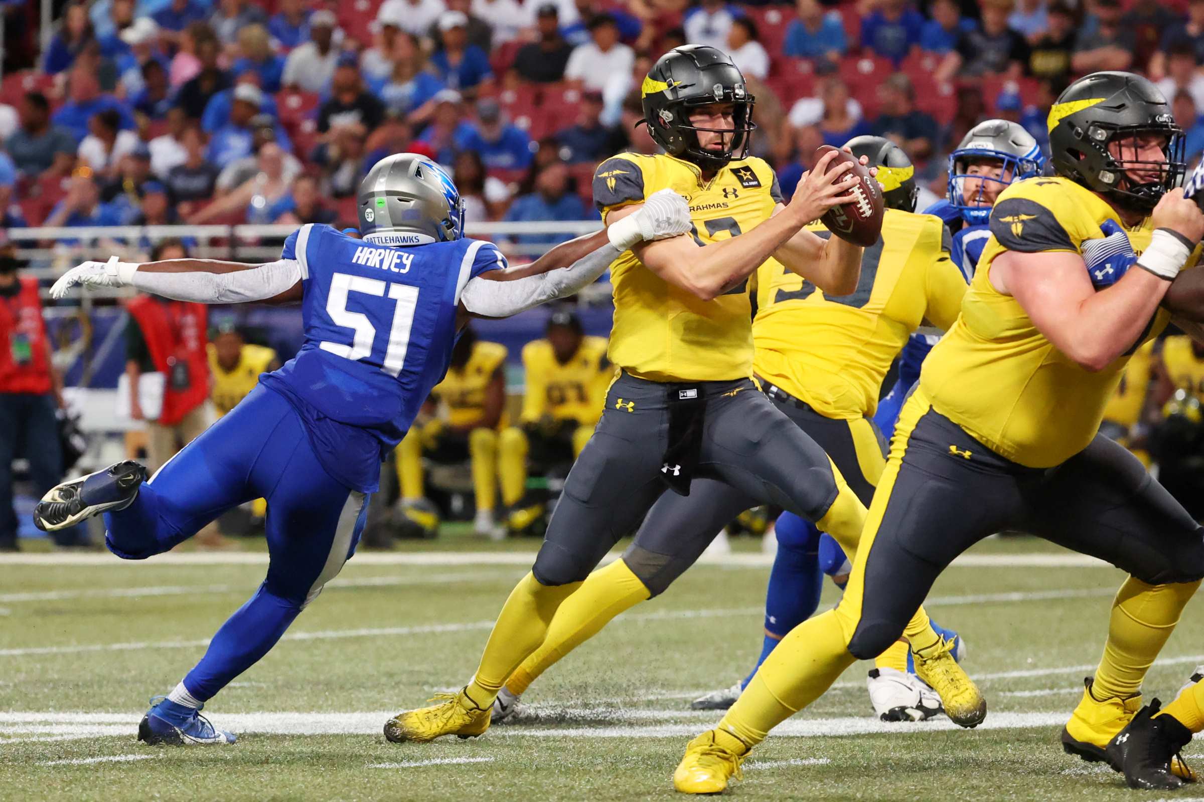 Willie Harvey #51 of the St. Louis Battlehawks looks to sack Quinten Dormady #12 of the San Antonio Brahmas during the third quarter at The Dome at America’s Center on June 01, 2024 in St Louis, Missouri. (Photo by Dilip Vishwanat/UFL/Getty Images)